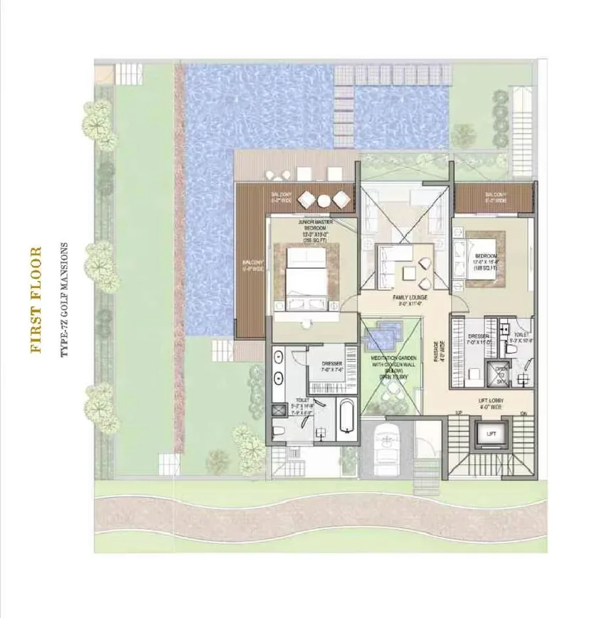 Rise Resort Residence Villa — Floor plan for the first floor of a Type-7Z Golf Mansions residence, showing multiple rooms and outdoor areas.