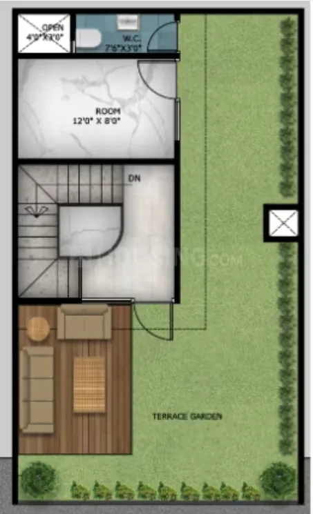Paradise Krishna Vatika Luxurious Villas — Floor plan showing a room, a W.C., a staircase, and a terrace garden with outdoor furniture.