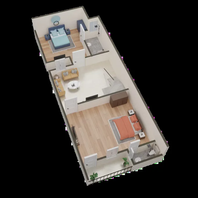 Global Prime Villas — A 3D floor plan rendering showing two bedrooms, a living area, and bathrooms.