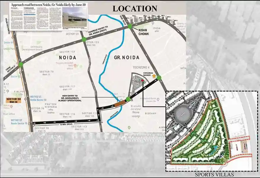 Rise Sports Villas location map with Noida–Greater Noida approach road, metro and Kisan Chowk