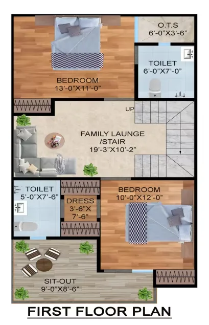 Arsh Green Villa 2 — First-floor plan of a residential villa showing two bedrooms, family lounge with stairs, two toilets, dress area, sit-out, and O.T.S.