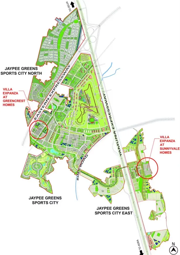 Jaypee Villa Expanza Green Crest Homes — Masterplan showing Jaypee Greens Sports City North, East, and main project area with Yamuna and Eastern Expressways.