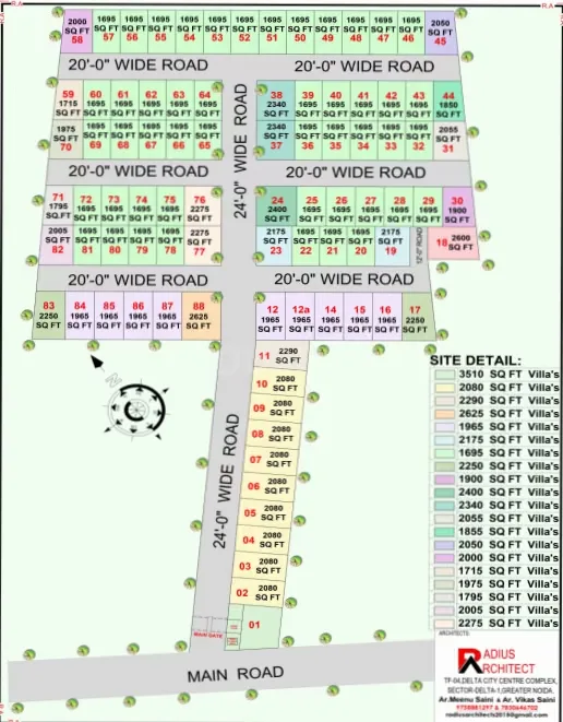 Arsh Green Villa 2 — Site plan showing plot numbers, sizes in square feet, and roads for a residential villa project.