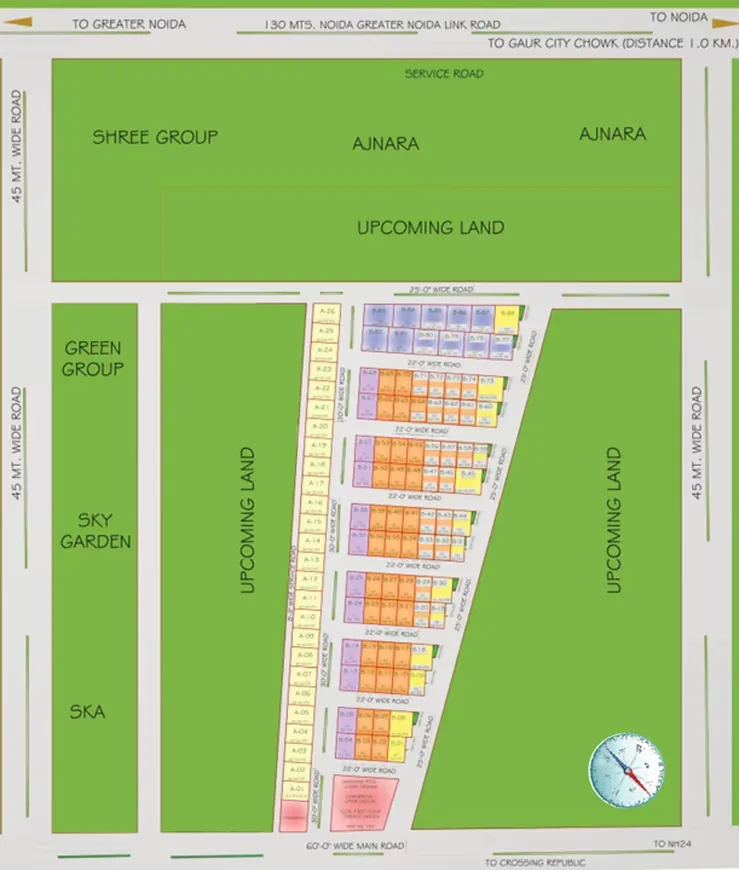 AKJ Real Infra Novel Valley — Site plan showing plot layouts, roads, and surrounding landmarks like Shree Group and Ajnara.