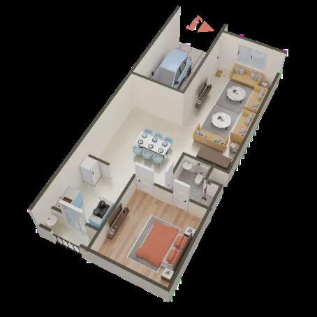 Shivi Paradise Green Villa 2 — 3D floor plan rendering of a single unit showing a bedroom, living area, dining area, kitchen, and a car parking space.