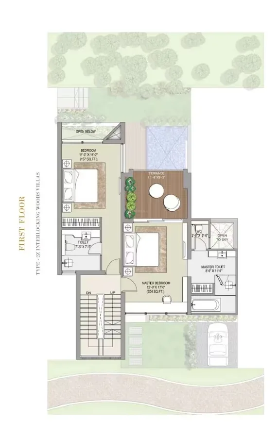 Rise Resort Residence Villa — Floor plan of the first floor showing bedrooms, terrace, bathrooms, and stairs with dimensions.