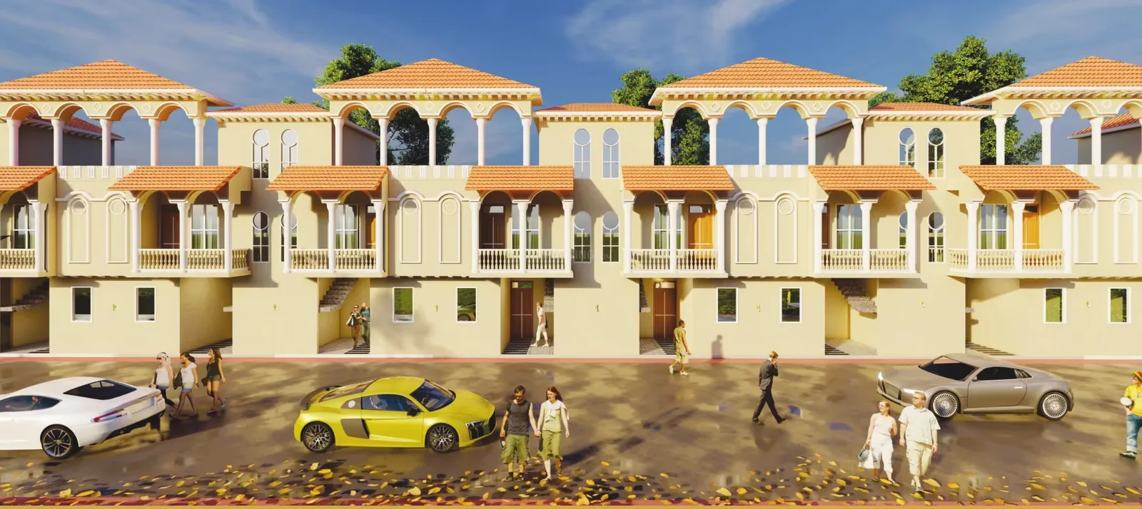 Shri Aroma Villas — A 3D render of a row of villas with orange tiled roofs, balconies, and people and cars on the street in front.