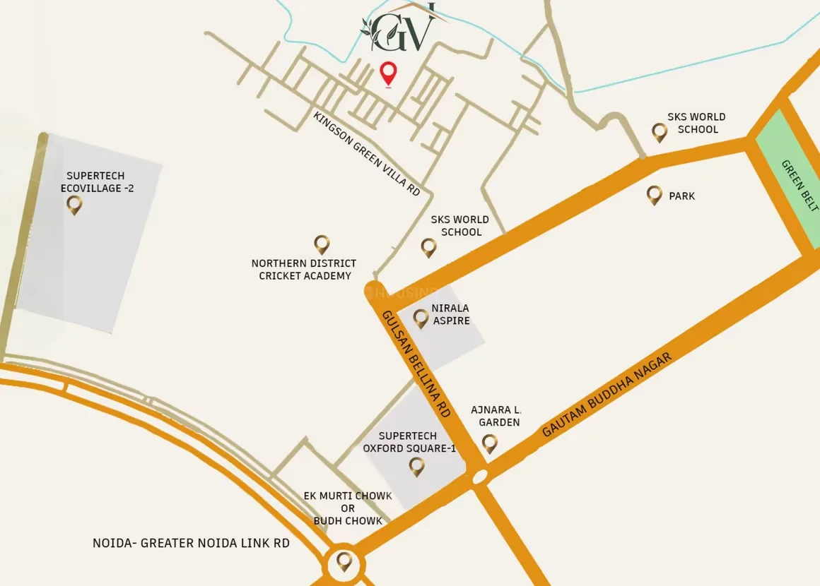 Green Villa 1 — Location map showing roads, landmarks like schools, parks, and other residential projects like Supertech Ecovillage-2.