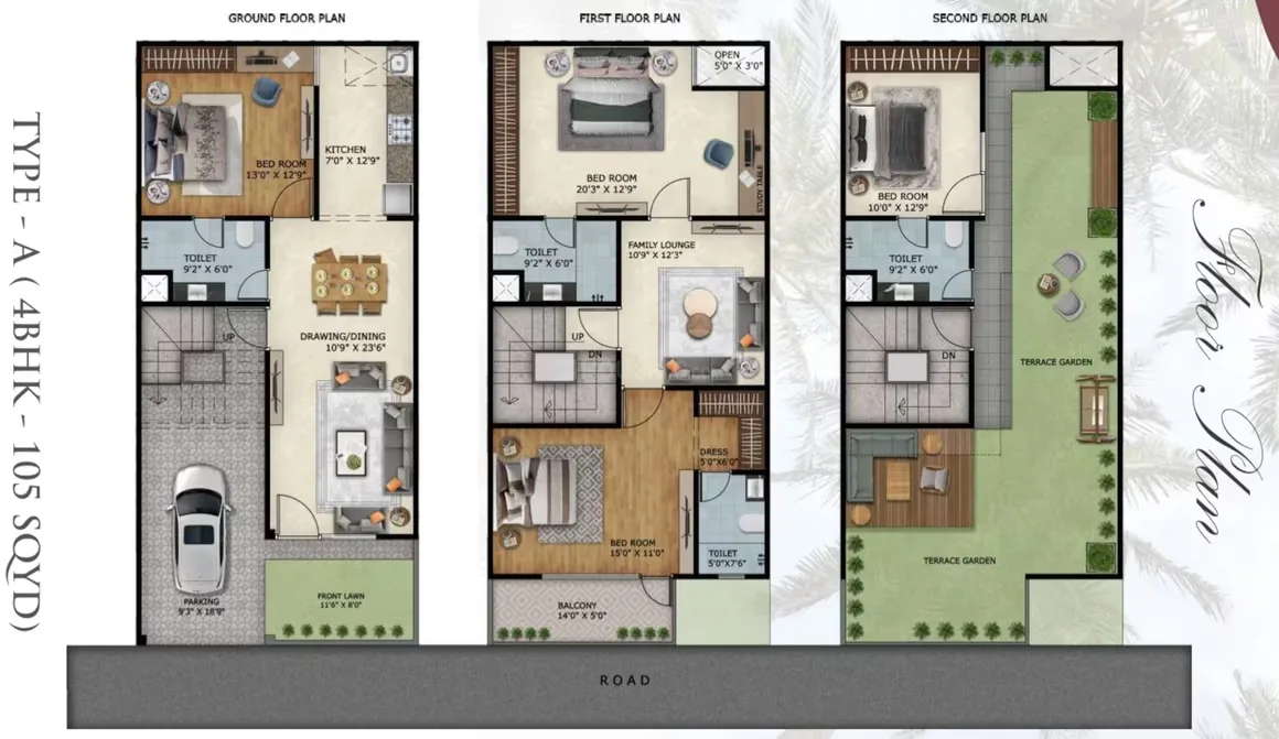 Paradise Palm Villa — Floor plan for Type A (4BHK - 105 SQYD) showing ground, first, and second floor layouts with rooms, kitchen, and terrace garden.