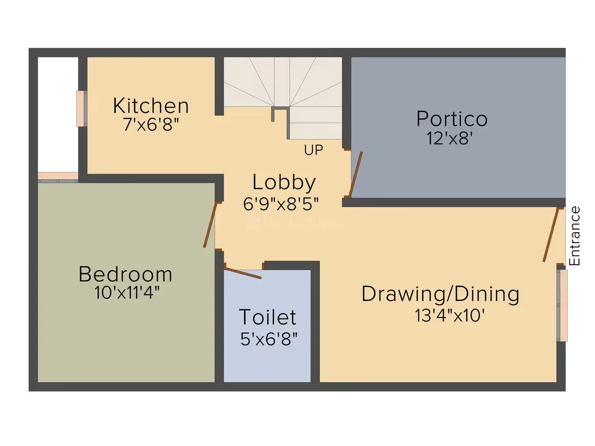 Shubh Villa — Floor plan showing a bedroom, kitchen, lobby, toilet, portico, and drawing/dining area with dimensions.