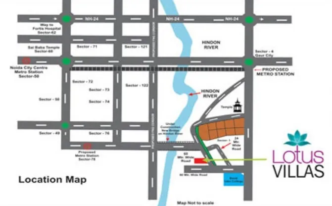 Lotus Villas Sector 1 Greater Noida West location map with Hindon River and metro references