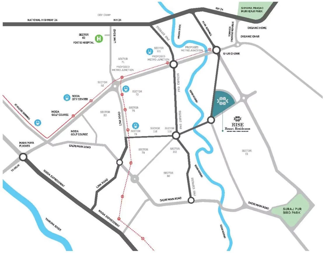 Rise Resort Residence Villa — Location map of RISE project near Noida showing roads, metro lines, hospitals, and parks.