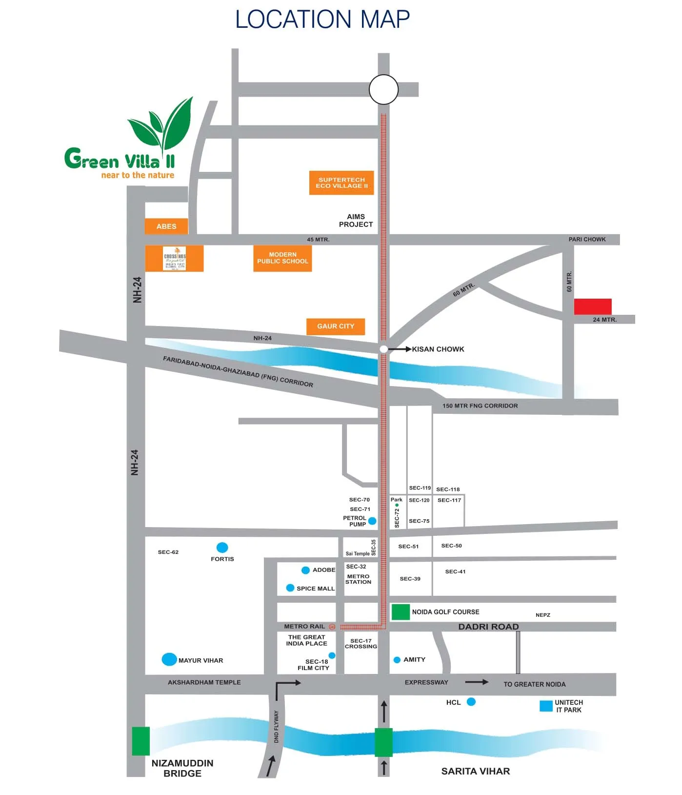 Location map of Green Villa 2 in Sector 16B Noida Extension with NH-24, FNG Corridor, Kisan Chowk, Noida metro sectors and nearby landmarks.
