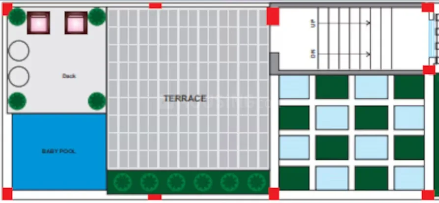 Sanskriti Garden Villas — Floorplan of a unit showing a deck, baby pool, terrace, stairs, and a grid-like area.