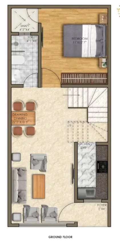 Trinity Primus — Floor plan rendering of a ground floor with bedroom, toilet, drawing/dining area, kitchen, and foyer.
