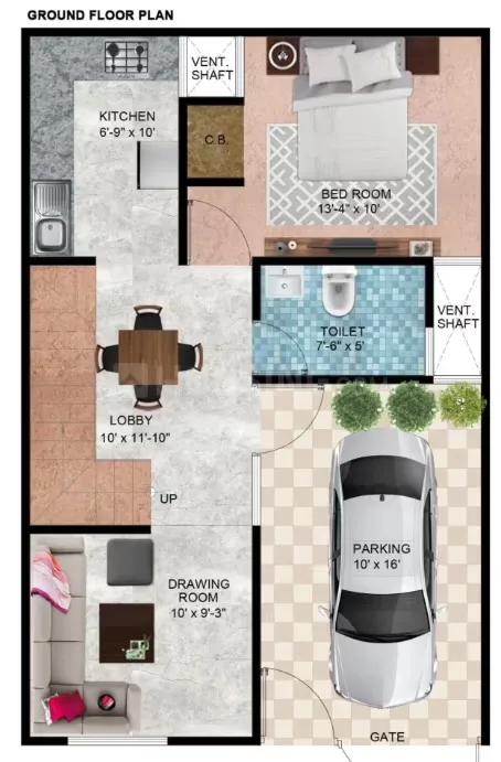 Primagic Onyx Abode — Ground floor plan showing a kitchen, lobby, drawing room, bedroom, toilet, and parking area.